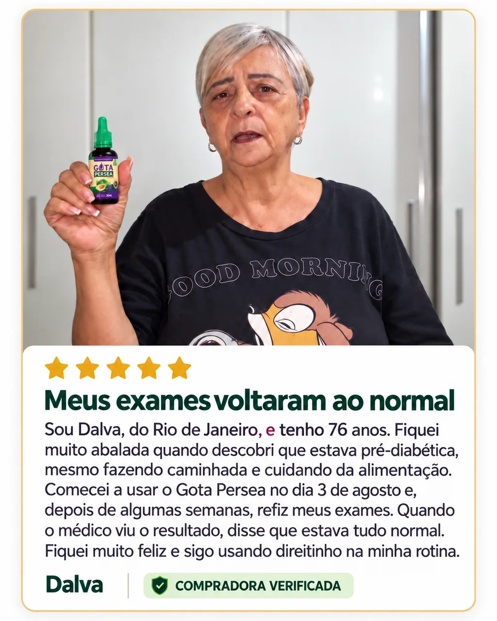 Imagem com o relato de Dalva sobre Gota Persea.