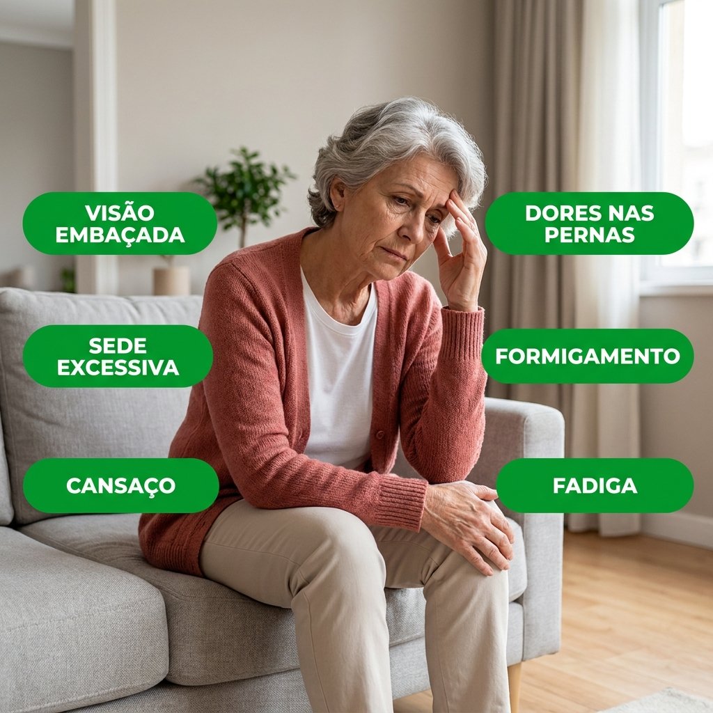 Mulher sentindo sintomas de visão embaçada, dores nas pernas, sede excessiva, formigamento, cansaço, insônia, náusea e fadiga